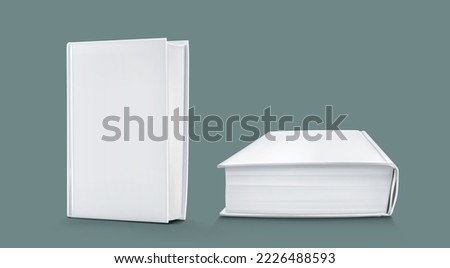 Template of blank paper book with white cover. Vector realistic mock up of 3d standing and lying closed catalog, big textbook, diary or dictionary with empty hardcover