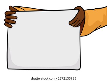 Template with blank paper held by dark-skinned female hands with yellow sleeves in cartoon style.
