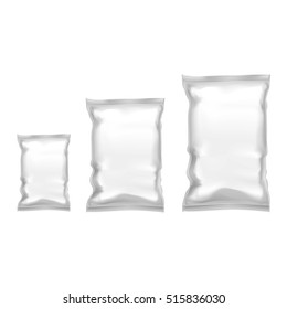 Template Blank Realistic Plastic Pack for food snack packaging, chips, candy. Empty Mock Up. Vector illustration of tree white bag package plastic pouch. Different size  packet for branding or product