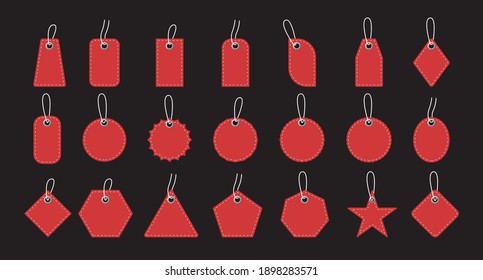 Plantilla de etiquetas de precio o de regalo en blanco en papel rojo. Juego de etiquetas de compra de venta con cordón. Vector
