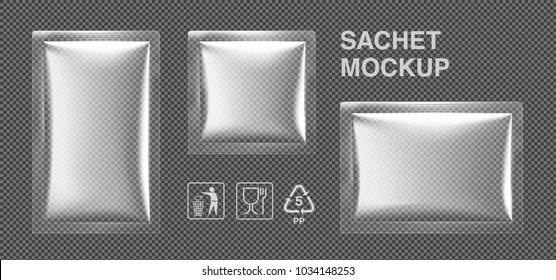 Template of blank sachet packaging for food, cosmetic and hygiene. Vector illustration on transparent background. Ready for your design. EPS10.