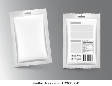 Template of blank sachet packaging for food, cosmetic and hygiene. Vector illustration on gray background. Ready for your design. EPS10.