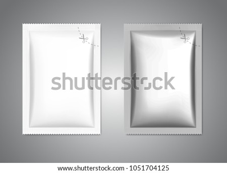 Template of blank sachet packaging for food, cosmetic and hygiene. Vector illustration on gray background. Ready for your design. EPS10.