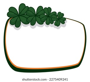 Template with blank sign decorated with frame in Irish colors and four-leaf clovers on top.