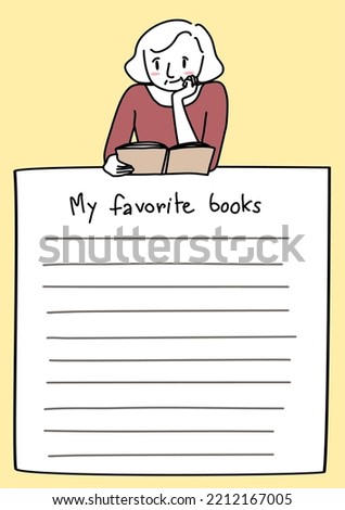 Template with blank space for writing favorite book list on it and a doodled illustration of happy senior woman reading book on the top. My favorite book list template with cute reader reading a book.