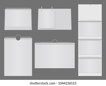 Template of blank table calendar with metal spiral. Paper page, notebook or calendar mock up, vector illustration