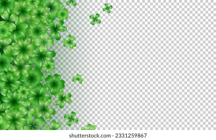 Template of blank transparent wallpaper with realistic green clovers border. Banner with cartoon trefoil as an Irish symbol, sign of luck, fortune. Background with shamrock for St Patrick Day