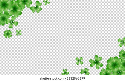Template of blank transparent wallpaper with realistic green clover frame. Empty banner with cartoon trefoil as an Irish symbol, sign of luck, fortune. Background with shamrock for St Patrick Day