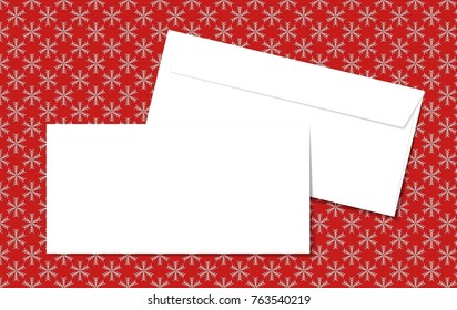 Template blank vector envelopes on Christmas background with snowflakes. Blank white envelopes on a red background. Perfect for your text and messages.