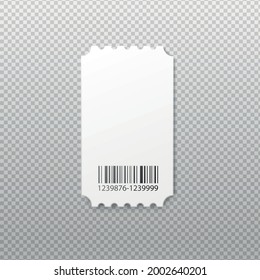 Vorlage des weißen Pappscheins für Transport- oder Unterhaltungsereigniseintritte mit Barcode, realistische Vektorgrafik einzeln auf transparentem Hintergrund.