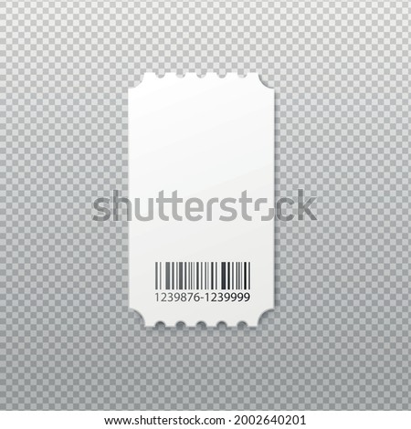 Template of blank white cardboard ticket for transport or entertainment event admission with barcode, realistic vector illustration isolated on transparent background.