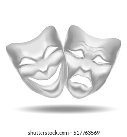 Template Blank White Comedy and Tragedy Mask Theaters. Realistic Empty Mock Up. Vector illustration of moods smiling and sadness white, symbol for opera, Movie 