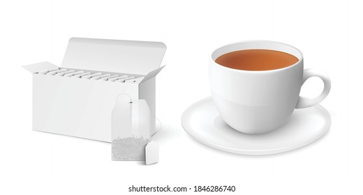 Template of blank white paper tea box with tea bag and cup full of beverage, realistic vector illustration isolated on white background. Food product advertising mockup.