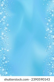 Template of blue banner with realistic pure water drops frame and empty space for text. Wallpaper with 3d shiny dew, water blobs. Vertical backdrop with rain droplet or aqua splashes and water texture