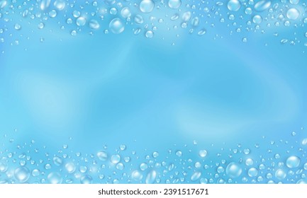 Plantilla de banner azul con agua pura realista cae marco y espacio vacío para texto. Papel de escritorio con rocío brillante 3d, manchas de agua. Fondo en blanco con gotitas de lluvia o salpicaduras de agua y textura de agua