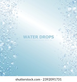 Template of blue banner with realistic pure water drops frame and space for text. Vector wallpaper with 3d shiny dew, water blobs. Square backdrop with rain droplet or aqua splashes and water texture