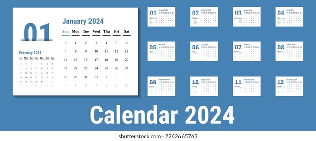 template of blue calendar 2024 with minimal design.calendar 2024 on landscape.desk calendar 2024 week start on sunday and sunday as weekend.calendar 2024 A5 size. good for planner,schedule,agenda,etc.