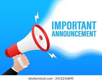 Template with blue important announcement megaphone on white background for flyer design. Vector illustration in flat style.