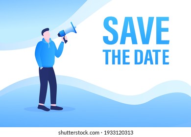 Template with blue save the megaphone on white background for flyer design. Vector illustration in flat style.