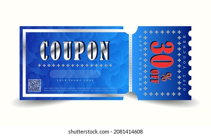 Template blue and silver gift card. Vector discount voucher with promo code and offer up to 30 percent off. Shopping coupon for business, marketing isolated on white background.