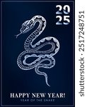 Template of blue and silver poster celebrating the 2025 New Year of the Snake with a snake with decorated scaled skin. Greeting card with reptile mascot in Asian style for Christmas holidays