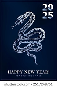 Plantilla de cartel azul y plateado que celebra el Nuevo Año de la Serpiente 2025 con una serpiente con piel escamada decorada. Tarjeta de felicitación con la mascota del reptil en estilo asiático para las vacaciones de las Navidades