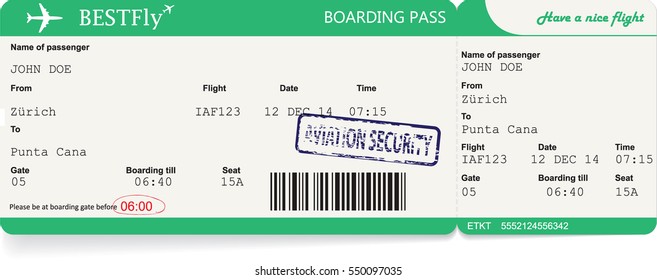Template of a boarding pass ticket in green color