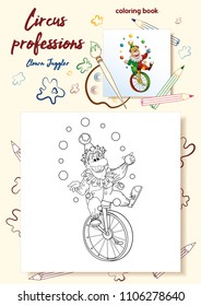 Template for book coloring books for children with circus characters. Funny clown juggler on a unicycle. An example of a painted picture and a contour for coloring. Cute vector character.