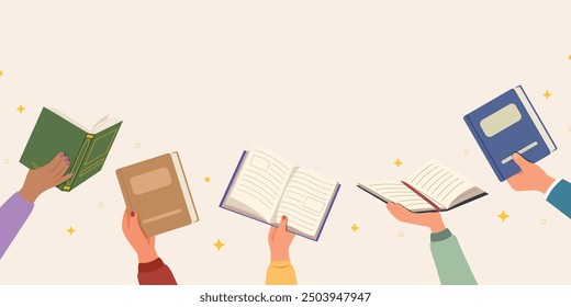 Template book in hands, Concept of reading and literature. Education and knowledge vector concept. Banner hands holding books, library day.