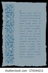 Template book page in a medieval style. Place for text. Floral frame of interwoven stems, foliage and flowers. Vector edging, design element and page decoration. Vector retro background