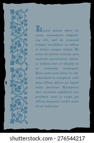Template book page in a medieval style. Place for text. Floral frame of interwoven stems, foliage and flowers. Vector edging, design element and page decoration. Vector retro background