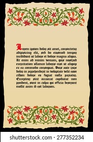 Template book page in a medieval style. Place for text. Floral frame of interwoven stems, foliage and flowers. Vector edging, design element and page decoration. Vector retro background