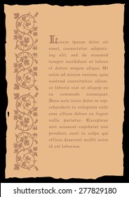 Template book page in a medieval style. Place for text. Floral frame of interwoven stems, foliage and flowers. Vector edging, design element and page decoration. Vector retro background