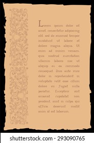 Template book page in a medieval style. Place for text. Floral frame of interwoven stems, foliage and flowers. Vector edging, design element and page decoration. Vector retro background