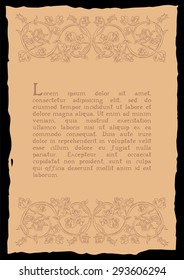 Template book page in a medieval style. Place for text. Floral frame of interwoven stems, foliage and flowers. Vector edging, design element and page decoration. Vector retro background