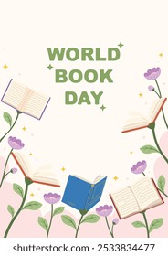 Template of books and flowers design. World book day. Banner of Education and knowledge vector concept.