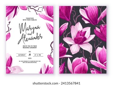 Eine Vorlage mit botanischem Design. Blumenmuster mit Frühlingsblumen von rosa Magnolia. Dies ist in erster Linie ein Layout für Hochzeitseinladungen, aber es kann auch für das Design jedes Ihrer Produkte verwendet werden