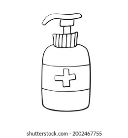 Sanitizador de la mano del gel del frasco de plantilla. Producto de higiene personal. El dispensador antiséptico desinfecta, protege las bacterias del coronavirus. Icono de contorno del vector aislado en forma de doodle plano