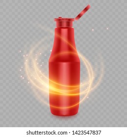 Template bottle of red for a spicy condiment, such as ketchup, realistic package of ketchup and a flame of fire , design bottle mockup for ads.