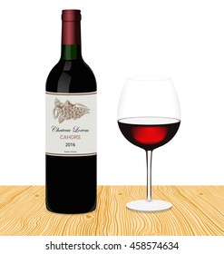 Template of bottle of red wine with glass made in a realistic style. White and wood background. Hand drawn grapes on label. Vector illustration.