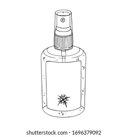 Template bottle spray antiseptic hands. Personal hygiene product. Sanitizer dispenser disinfect, protect coronavirus bacteria. Vector isolated flat doodle realistic black outline white background icon