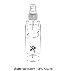 Template bottle spray antiseptic hands. Personal hygiene product. Sanitizer dispenser disinfect, protect coronavirus bacteria. Vector isolated flat doodle realistic black outline white background icon