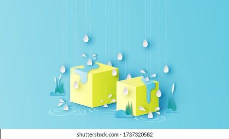 Template box design for rainy season decorated with plants, grass and rain drop raindrop hanging down. paper cut and craft style. vector, illustration.