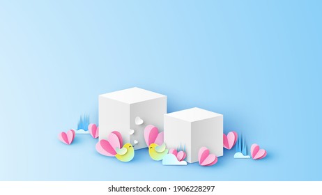 Template box design for Valentines day decorated with Heart, grass and love bird couple. Valentine's mockup template box. paper cut and craft style. vector, illustration. 