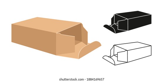 Template box mockup set. Cartoon, linear and black glyph style packaging gift boxes collection. Carton cardboard opened paper package. Birthday Celebration, Party surprise. Vector illustration