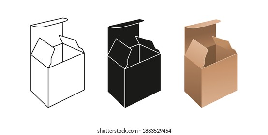 Conjunto de simulación de cuadro de plantilla. Colección de cajas de regalo de empaquetado de estilo glifo realista, lineal y negro. Cartón de cartón abierto paquete de papel. Celebración del cumpleaños, sorpresa del partido. Ilustración del vector