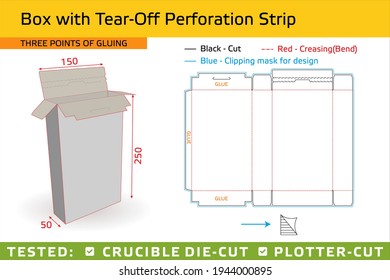 Template of box with tear-off perforation strip - blueprint with 3d preview