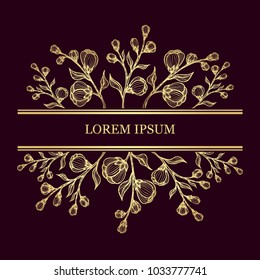 Template with branches of  flowers gold on black for package of cosmetic perfume shampoo or tea or for frame  label or for advertising something  