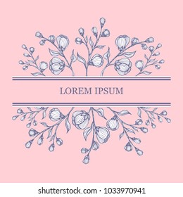 Template with branches of  flowers in pink for package of cosmetic perfume shampoo or tea or for frame  label or for advertising something  