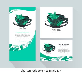 Template for brand mint tea company, factory of tea, shop, bar. Tea Branding with Cup of tea with Mint leaves. Design element for business card, banner, template, brochure template.